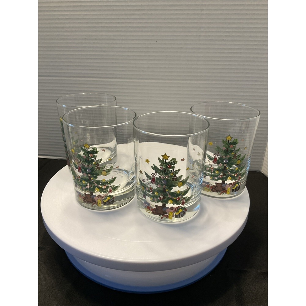 Vintage‎ Nikko 4 Double Old Fashion Drinking Glasses 14 oz Christmas Tree Design